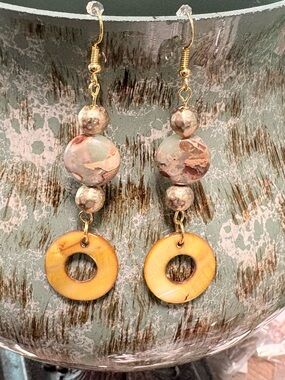Marbled Stone Bead Drop Earrings with Yellow Shell Hoop Accent